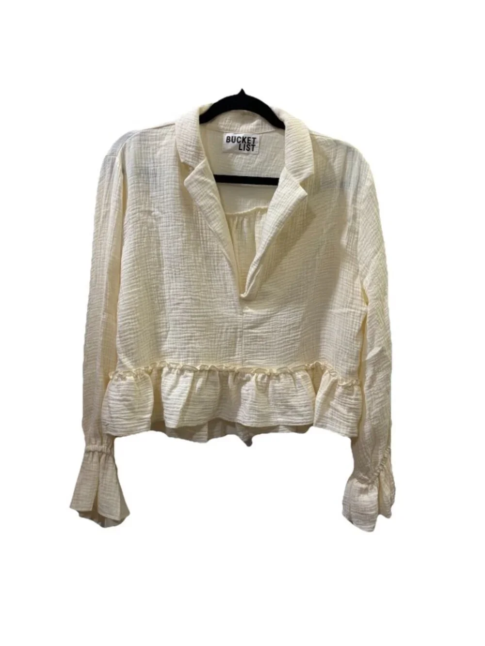 Bucket List Peplum Ruffled Crop Top Oversized Lantern Sleeves Boho Gauze Size L